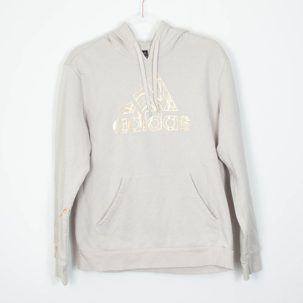 Adidas Womens Gold Trefoil Logo Hooded Sweatshirt Cream Athleisure Size M Cozy